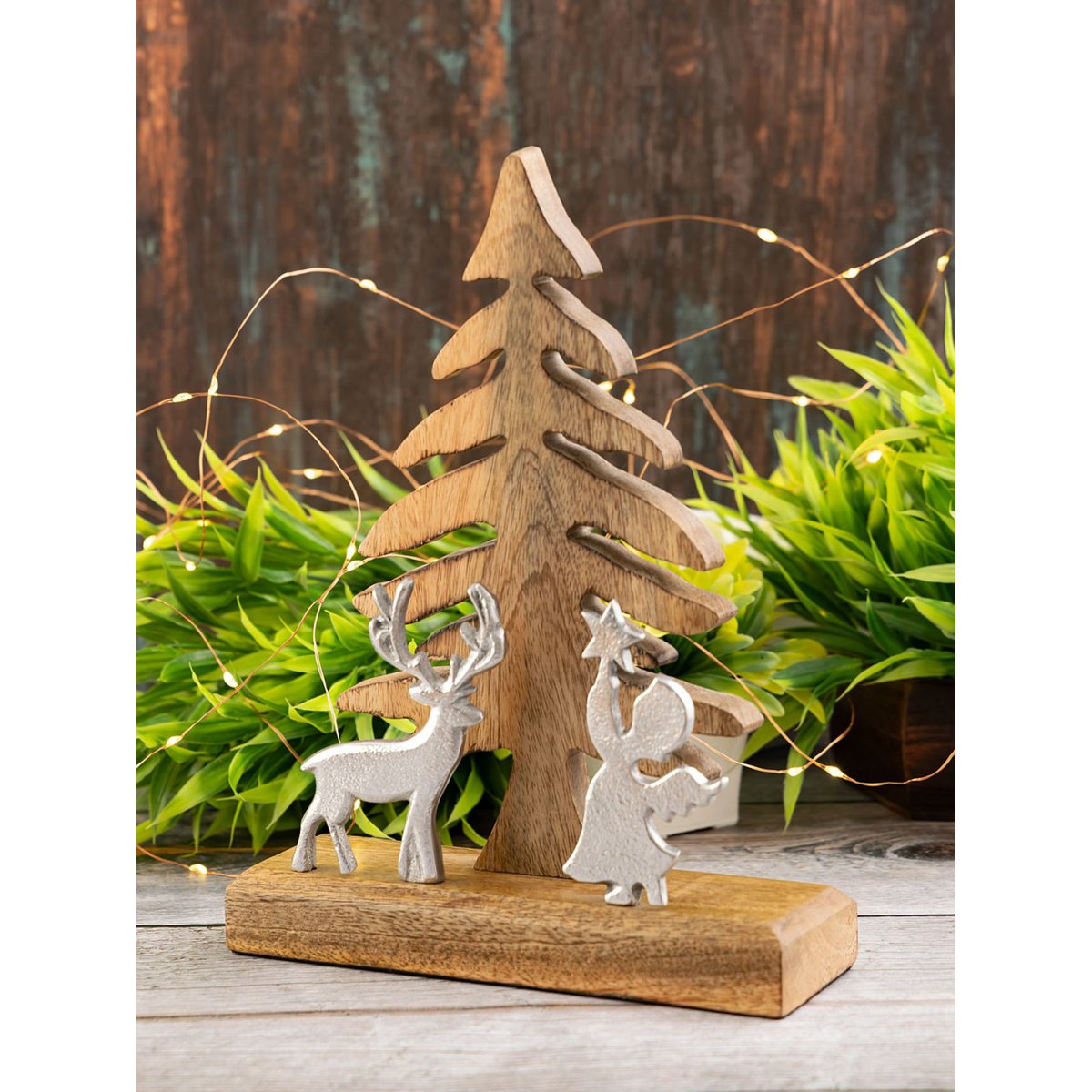 Holzfigur Weihnachtsbaum Mit Hirsch U Engel 20x27cm Weihnachtsdeko