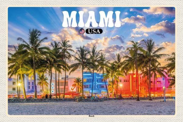 Hebold Blechschild  30x20 cm Reise Miami USA Strand Palmen Urlaub Metall Deko Schild - Gewölbt, Abgerundete Ecken, Vorgebohrte Löcher, Made in Germany.