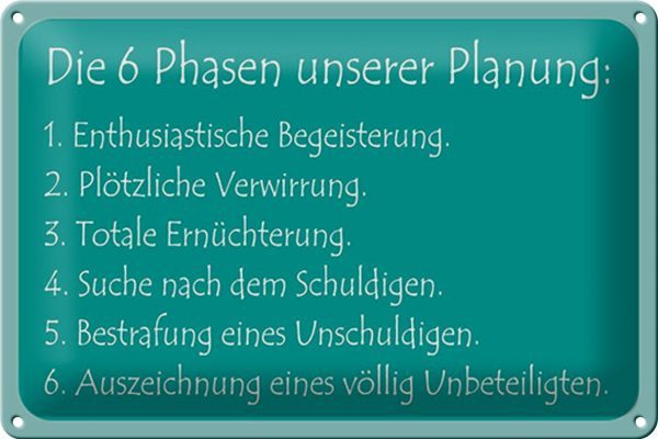 Schild Blech 30x20 cm - Made in Germany - Die 6 Phasen unserer Planung Metall Deko Schild
