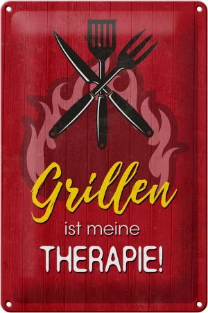 Schild Blech 20x30cm - Made in Germany - Spruch Grillen ist meine Therapie Metall Deko Blechschild