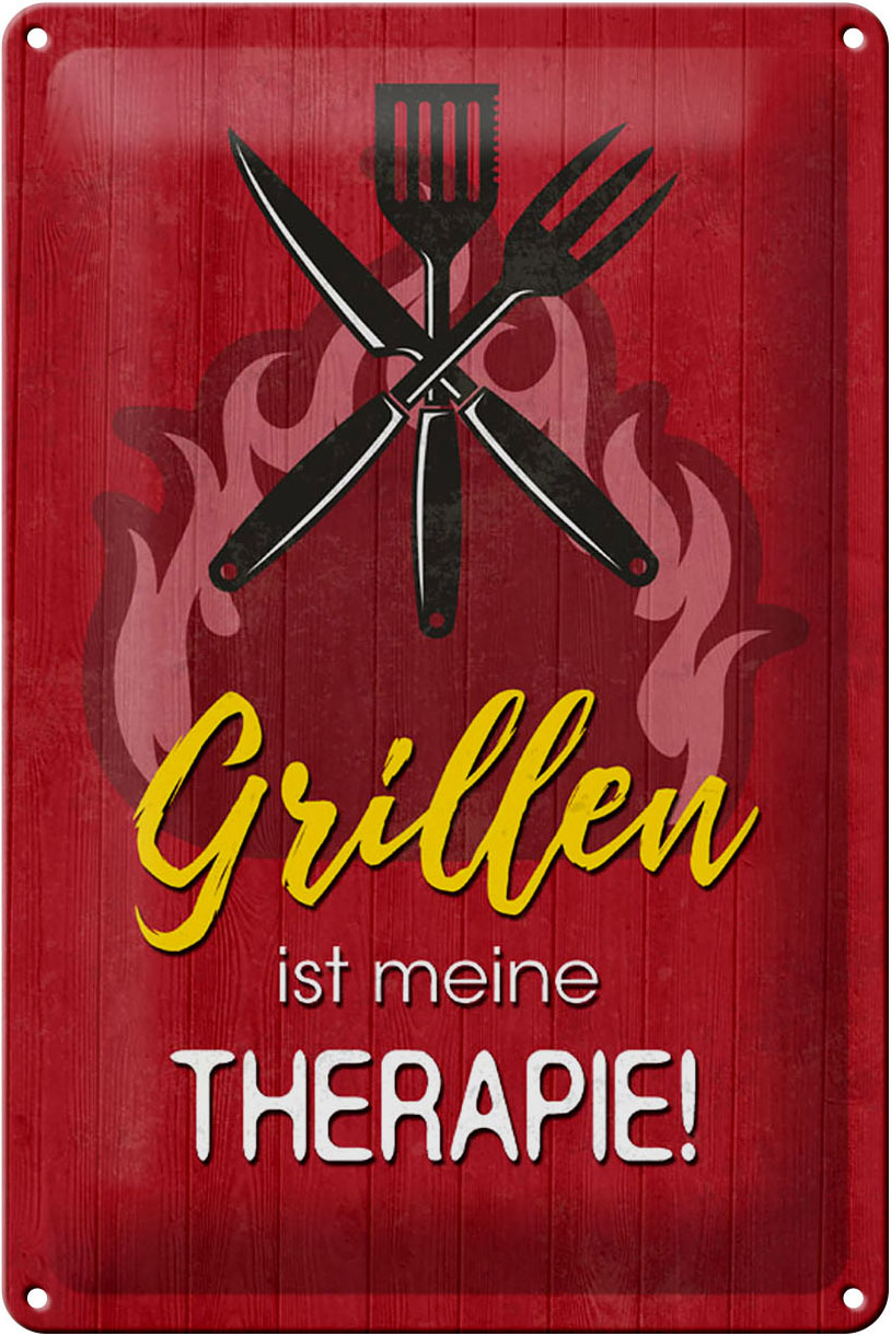 Schild Blech 20x30cm - Made in Germany - Spruch Grillen ist meine Therapie Metall Deko Blechschild