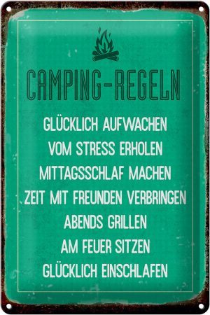 Schild Blech 20x30cm - Made in Germany - Retro Camping Regeln Metall Deko Blechschild
