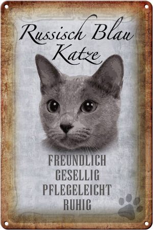 Schild Blech 20x30cm - Made in Germany - Spruch russisch blau Katze Metall Deko Schild
