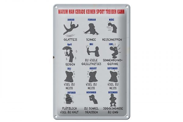 Schild Blech 20x30cm - Made in Germany - Hinweis Gründe keinen Sport zu treiben Metall Deko Schild