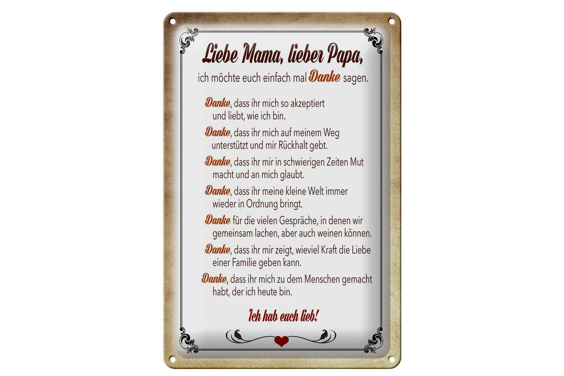 Schild Blech 20x30cm Made in Germany Spruch Mama Papa hab euch lieb