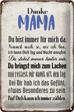 Schild Blech 20x30cm - Made in Germany - Spruch Danke Mama du bist für mich da Metall Deko Blechschild