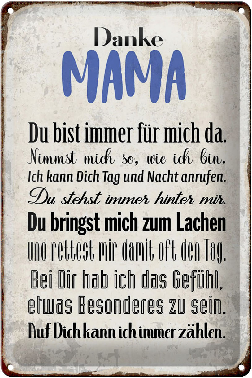 Schild Blech 20x30cm - Made in Germany - Spruch Danke Mama du bist für mich da Metall Deko Blechschild