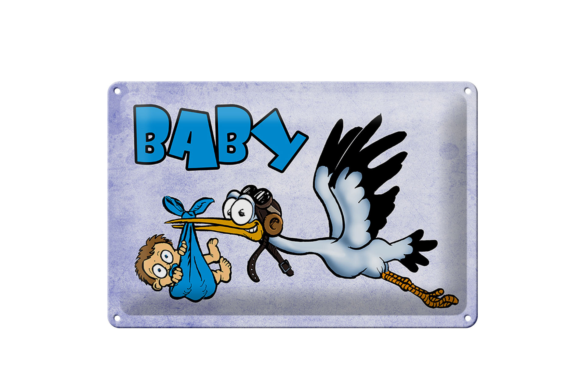 Schild Blech 30x20cm - Made in Germany -Storch bringt Kind in blau Metall Deko Schild