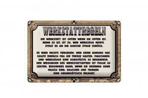 Schild Blech 30x20cm - Made in Germany - Spruch Werkstattregeln Werkstatt offen