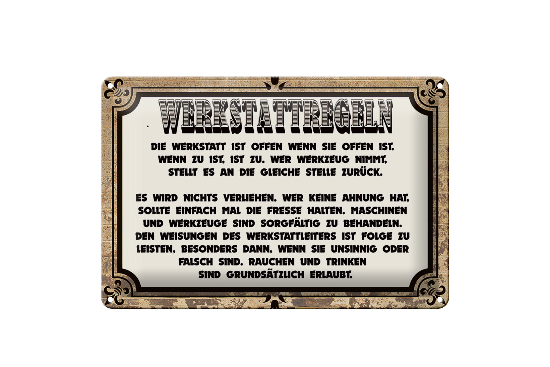 Schild Blech 30x20cm - Made in Germany - Spruch Werkstattregeln Werkstatt offen