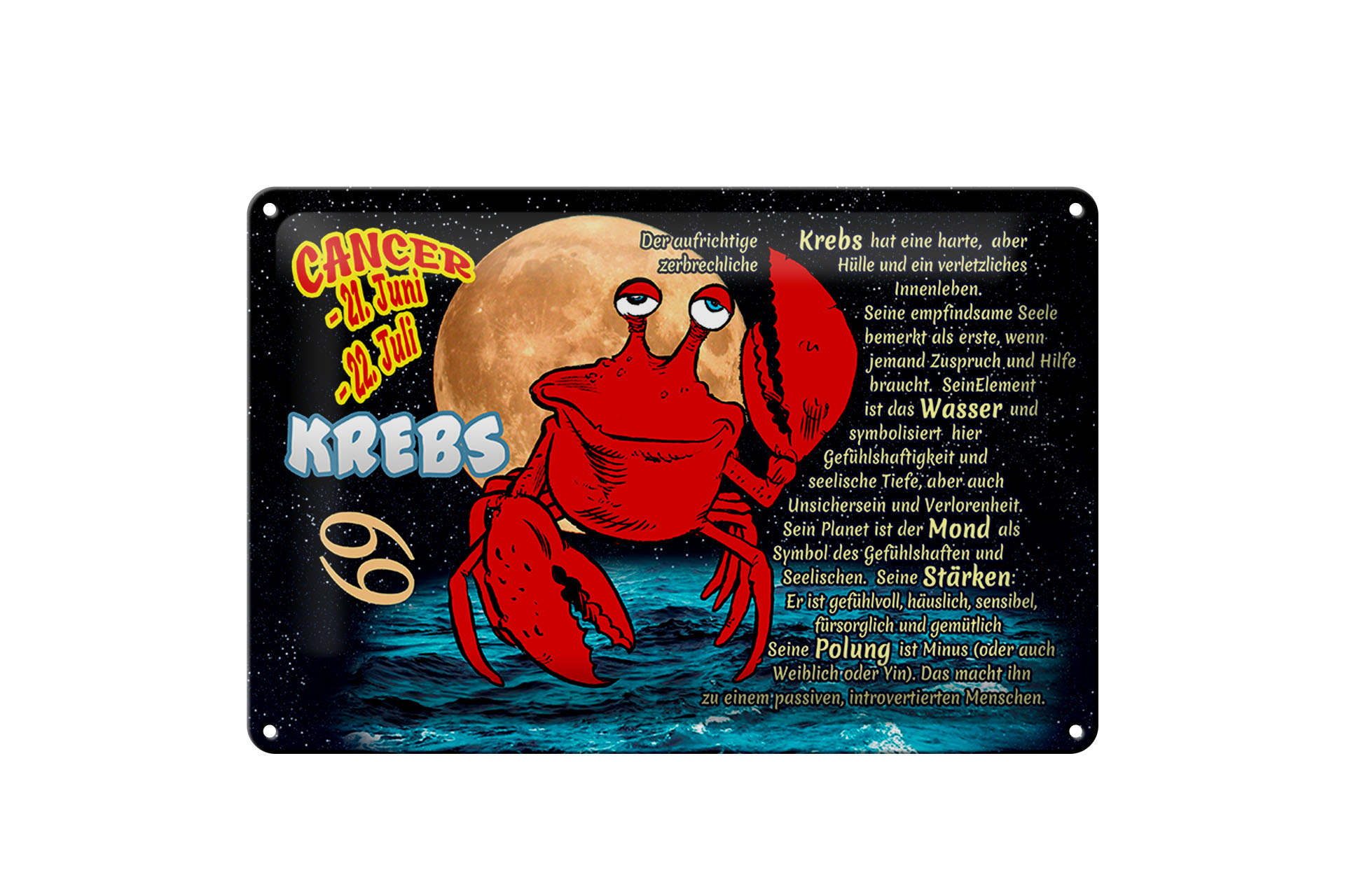 Schild Blech 30x20cm - Made in Germany - Sternzeichen Krebs Planet Mond Metall Deko Schild