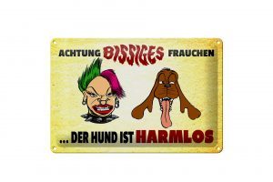 Schild Blech 30x20cm - Made in Germany - Achtung bissiges Frauchen Hund Metall Deko Schild
