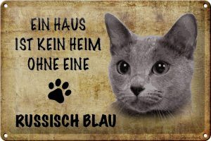 Schild Blech 30x20cm - Made in Germany - Spruch russisch blau Katze Metall Deko Schild