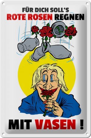 Schild Blech 20x30 cm - Made in Germany - Für dich Rosen regnen mit Vasen Metall Deko Schild