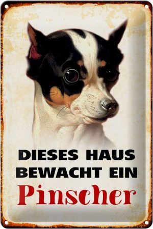 Schild Blech 20x30cm - Made in Germany - Hund dieses Haus bewacht ein Pinscher Metall Deko Blechschild