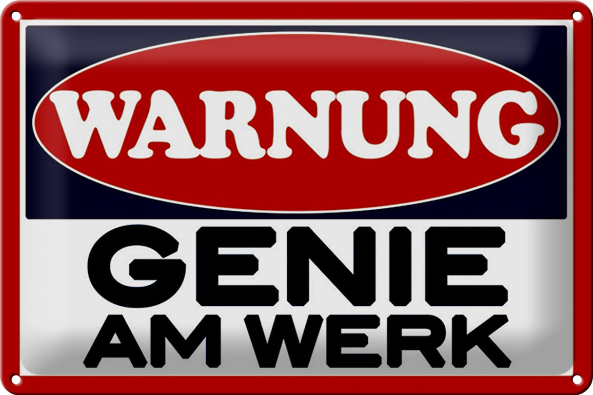Schild Blech 30x20cm - Made in Germany - Spruch Warnung Genie am Werk Metall Deko Blechschild