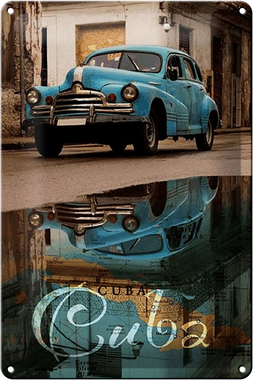 Schild Blech 20x30cm - Made in Germany - Spruch Cuba Auto blau Oldtimer Metall Deko Blechschild