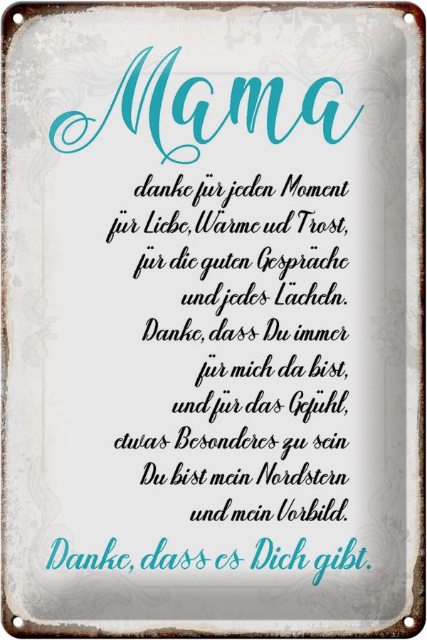 Schild Blech 20x30cm - Made in Germany - Spruch Mama Danke dass es Dich gibt Metall Deko Blechschild