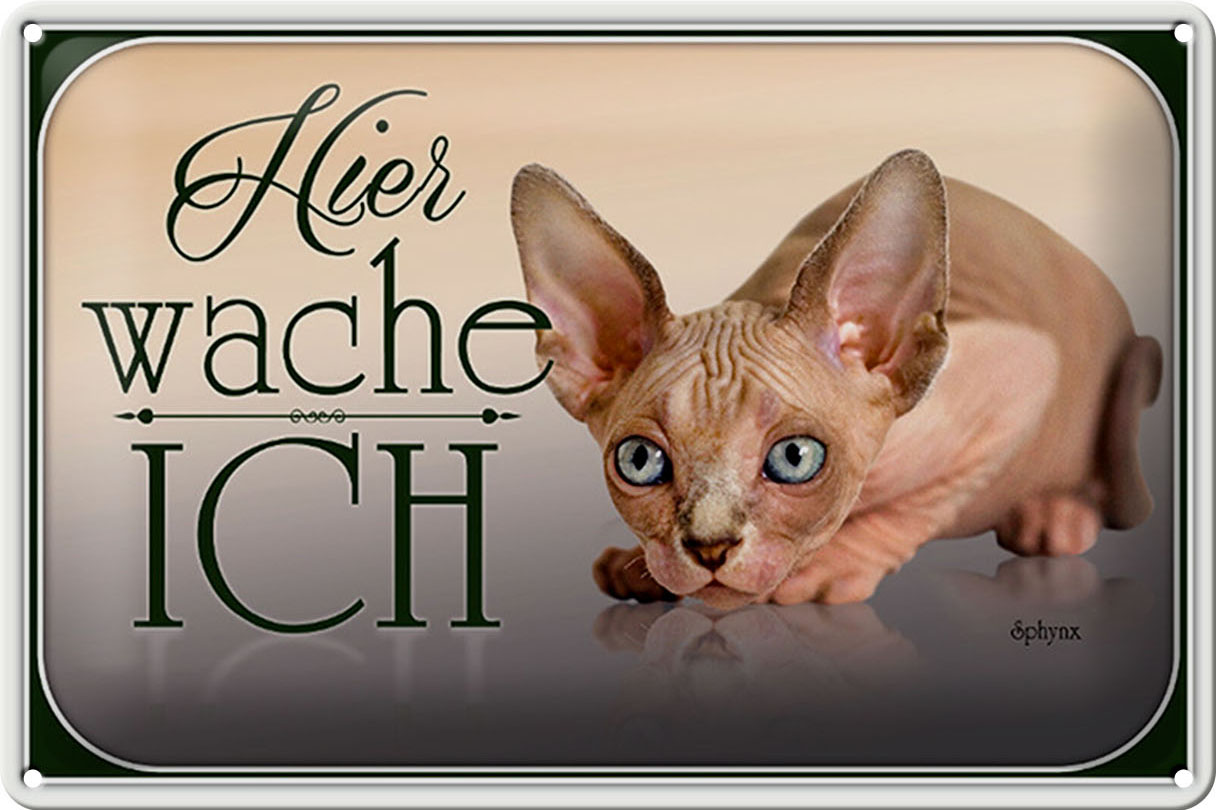 Schild Blech 30x20cm - Made in Germany - Katze Sphynx hier wache ich Metall Deko Blechschild