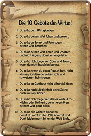 Schild Blech 20x30cm - Made in Germany - Spruch die 10 Gebote des Wirtes Metall Deko Blechschild