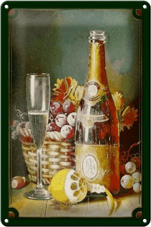 Schild Blech 20x30 cm - Made in Germany - Kunst Stillleben Sekt Obstkorb Zitrone Metall Deko Blechschild