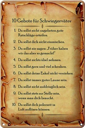 Schild Blech 20x30cm - Made in Germany - Spruch 10 Gebote für Schwiegerväter Metall Deko Blechschild