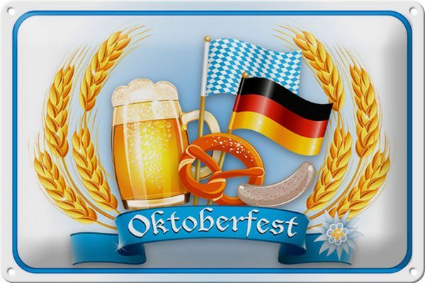 Schild Blech 30x20cm - Made in Germany - Hinweis Oktoberfest Bier Brezel Wurst Metall Deko Blechschild