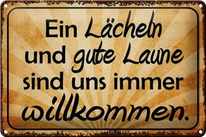 Schild Blech 30x20cm - Made in Germany - Spruch Lächeln gute Laune willkommen Metall Deko Blechschild