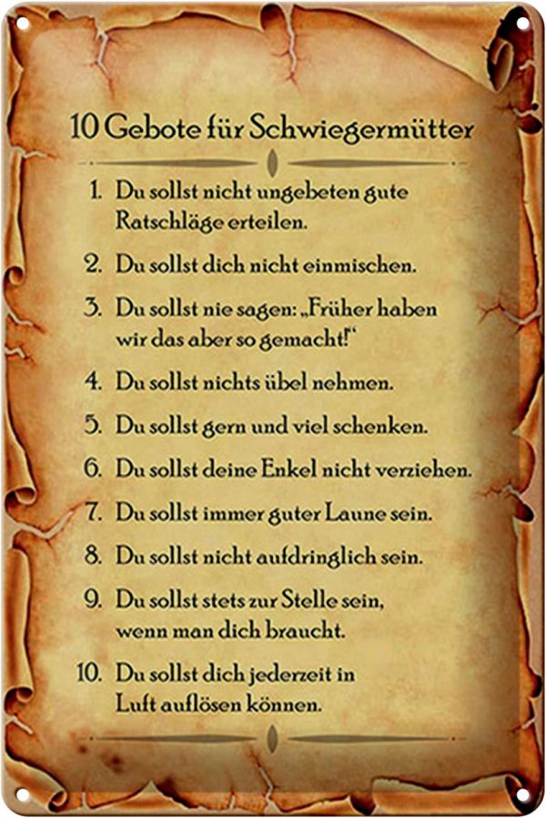 Schild Blech 20x30cm - Made in Germany - Spruch 10 Gebote für Schwiegermütter Metall Deko Blechschild