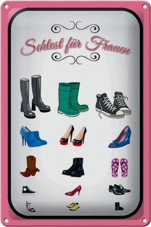 Schild Blech 20x30cm - Made in Germany - Spruch Schuhe Arten Sehtest für Frauen Metall Deko Blechschild