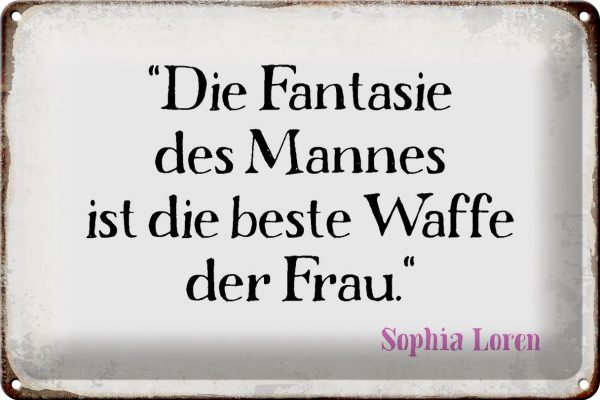Schild Blech 30x20cm - Made in Germany - Spruch Fantasie des Mannes beste Waffe Metall Deko Blechschild