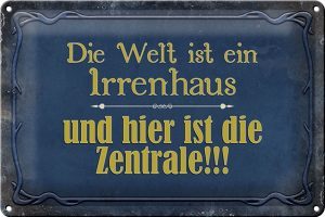 Schild Blech 30x20cm - Made in Germany - Spruch Welt ist ein Irrenhaus und Metall Deko Blechschild