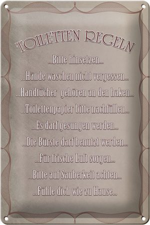 Schild Blech 20x30cm - Made in Germany - Spruch Toiletten Regeln bitte hinsetzen Metall Deko Blechschild
