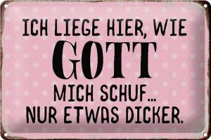 Schild Blech 30x20cm - Made in Germany - Spruch liege hier wie Gott mich schuf Metall Deko Blechschild
