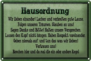 Schild Blech 30x20cm - Made in Germany - Spruch Hausordnung wir lieben einander Metall Deko Blechschild
