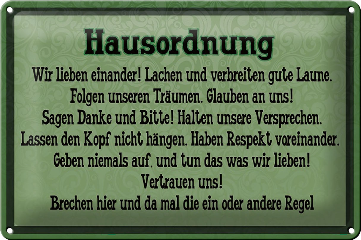 Schild Blech 30x20cm - Made in Germany - Spruch Hausordnung wir lieben einander Metall Deko Blechschild