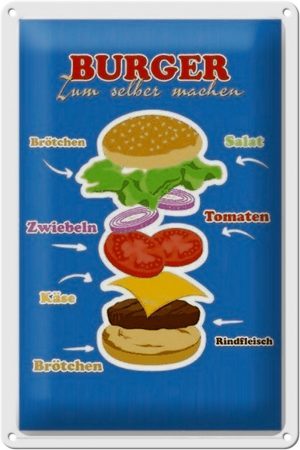 Schild Blech 20x30cm - Made in Germany - Rezept Burger zum selber machen Metall Deko Blechschild