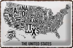 Schild Blech 30x20cm - Made in Germany - Karte The United States Texas Kansas Metall Deko Blechschild