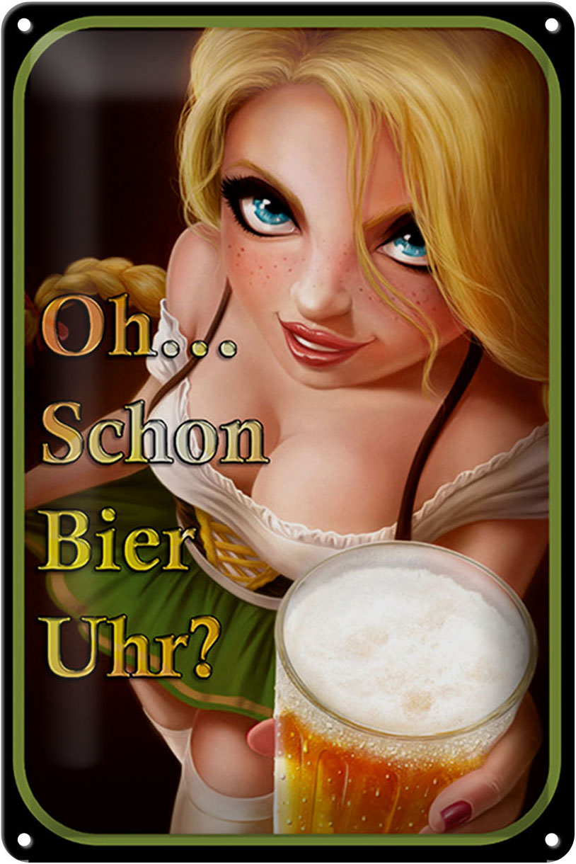 Schild Blech 20x30cm - Made in Germany - Spruch Pinup Oh schon Bier Uhr ? Metall Deko Blechschild – Bild 2