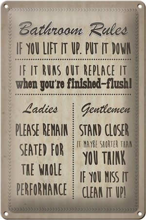 Schild Blech 20x30cm - Made in Germany - Spruch Bathroom Rules Ladies Gentlemen Metall Deko Blechschild