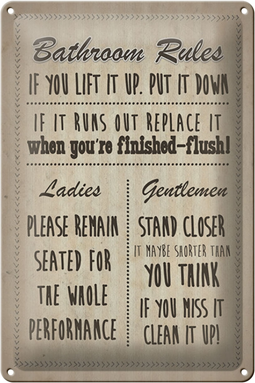 Schild Blech 20x30cm - Made in Germany - Spruch Bathroom Rules Ladies Gentlemen Metall Deko Blechschild