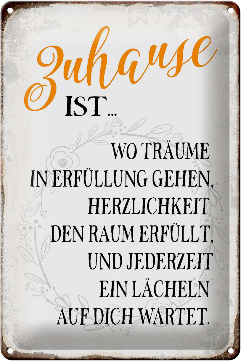 Schild Blech 20x30cm - Made in Germany - Spruch Zuhause ist wo Träume Lächeln Metall Deko Blechschild – Bild 2