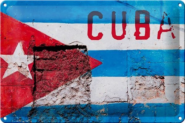Schild Blech 30x20cm - Made in Germany - Flagge Cuba Fahne auf eine Mauer Metall Deko Blechschild