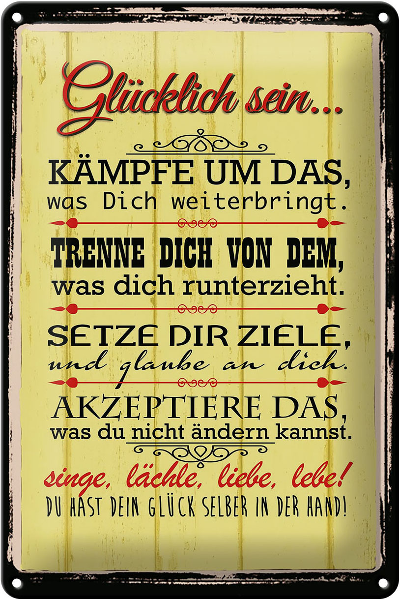 Schild Blech 20x30cm - Made in Germany - Spruch Glücklich singe lächle liebe Metall Deko Blechschild