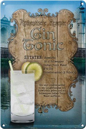 Schild Blech 20x30cm - Made in Germany - Rezept Gin Tonic Zutaten Indian Tonic Metall Deko Blechschild