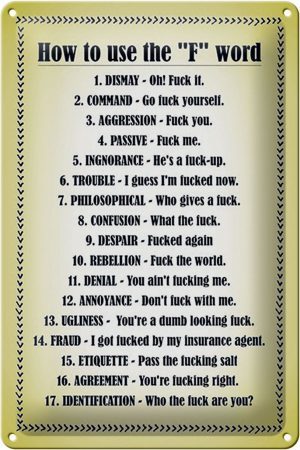 Schild Blech 20x30cm - Made in Germany - Spruch How to use the "F"-word Metall Deko Blechschild
