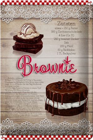 Schild Blech 20x30cm - Made in Germany - Rezept Brownie Zutaten 250g Butter Metall Deko Blechschild