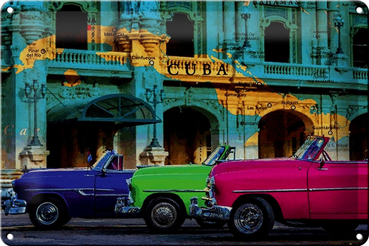 Schild Blech 30x20cm - Made in Germany - Spruch Cuba Karte 3 Autos Oldtimer Metall Deko Blechschild