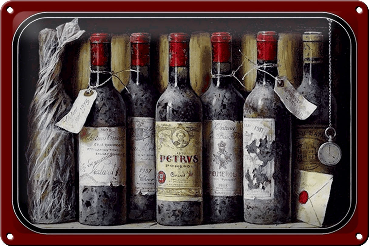 Schild Blech 30x20 cm - Made in Germany - Kunst Stillleben alte Rotweinflaschen Metall Deko Blechschild