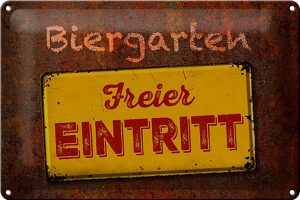 Schild Blech 30x20cm - Made in Germany - Spruch Biergarten freier Eintritt Metall Deko Blechschild